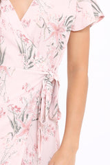 Pink Floral Print Wrap Dress - Norie-Dresses