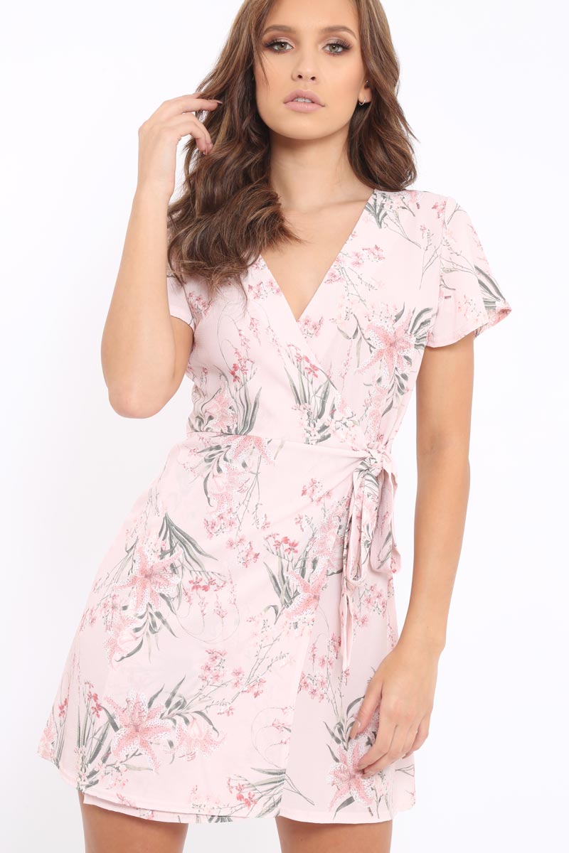 Pink Floral Print Wrap Dress - Norie-Dresses