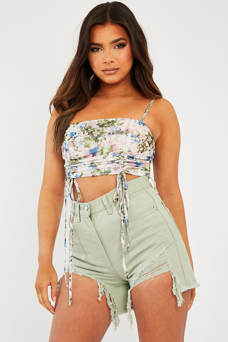 Pink Floral Ruched Front Crop Top - Pandora-Crop Tops