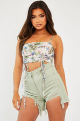 Pink Floral Ruched Front Crop Top - Pandora-Crop Tops