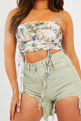 Pink Floral Ruched Front Crop Top - Pandora-Crop Tops