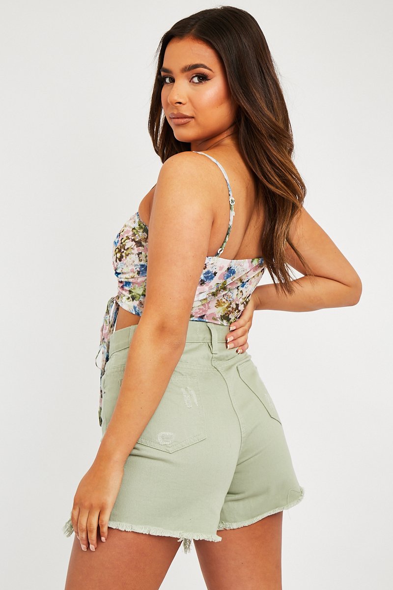 Pink Floral Ruched Front Crop Top - Pandora-Crop Tops