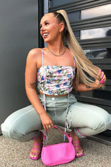 Pink Floral Ruched Front Crop Top - Pandora-Crop Tops