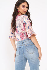 Pink Floral Satin Plunge Bodysuit - Feona-Bodysuits