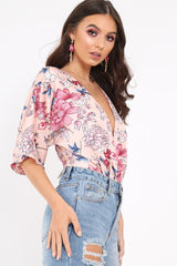 Pink Floral Satin Plunge Bodysuit - Feona-Bodysuits
