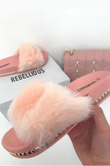 Pink Fluffy Faux Fur Studded Sole Sliders -Margy-Sliders