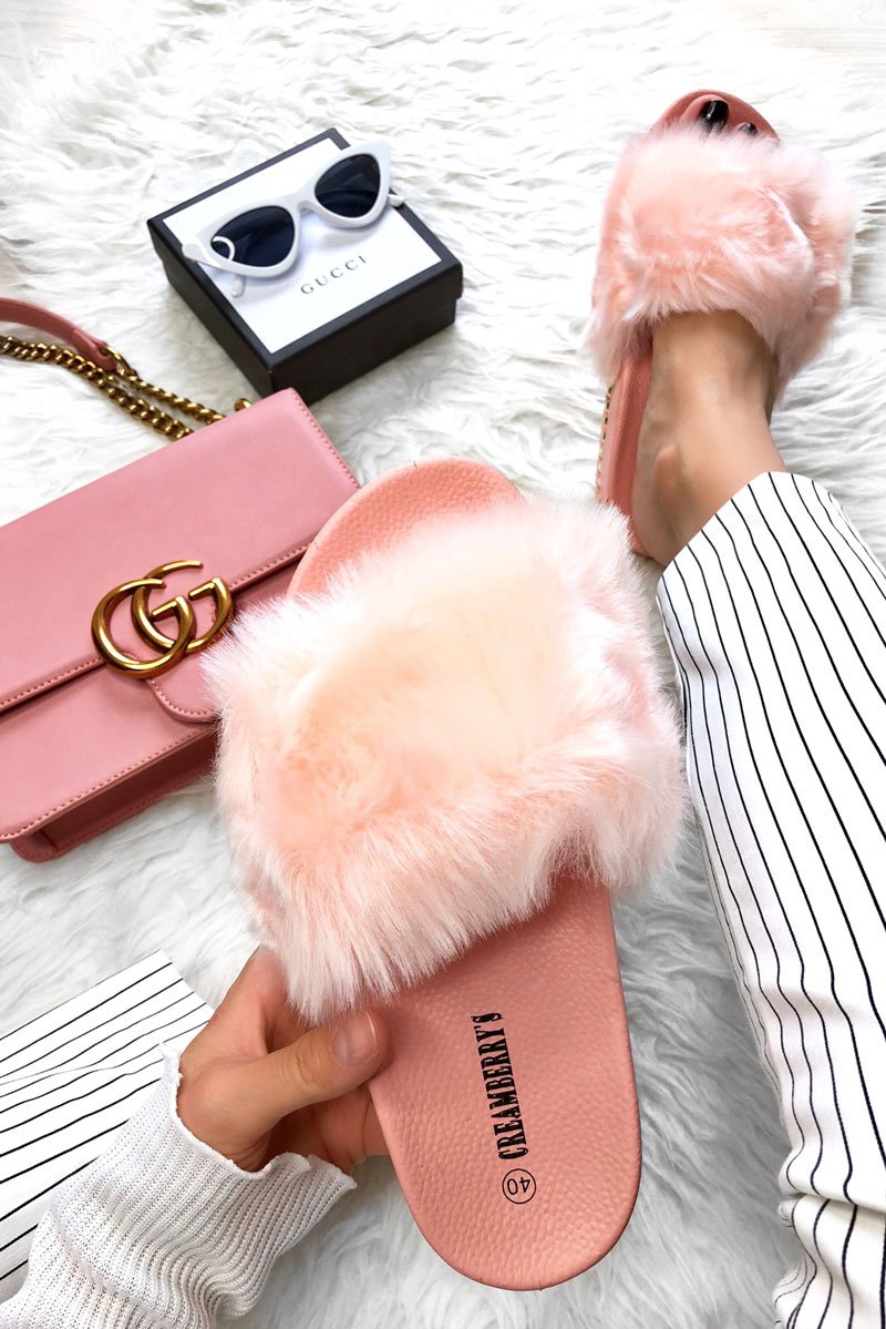 Pink Fluffy Faux Fur Studded Sole Sliders -Margy-Sliders