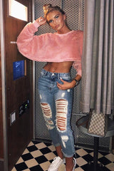 Pink Fluffy Long Sleeve Crop Jumper - Noura-Crop Jumper