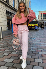 Pink Fluffy Long Sleeve Crop Jumper - Noura-Crop Jumper