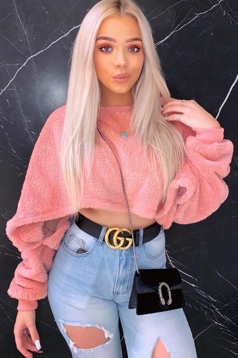 Pink Fluffy Long Sleeve Crop Jumper - Noura-Crop Jumper