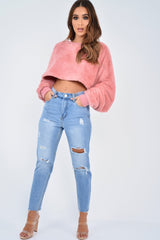 Pink Fluffy Long Sleeve Crop Jumper - Noura-Crop Jumper