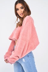 Pink Fluffy Long Sleeve Crop Jumper - Noura-Crop Jumper
