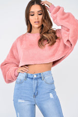 Pink Fluffy Long Sleeve Crop Jumper - Noura-Crop Jumper