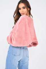 Pink Fluffy Long Sleeve Crop Jumper - Noura-Crop Jumper
