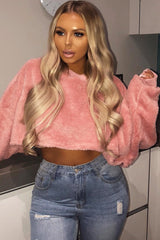 Pink Fluffy Long Sleeve Crop Jumper - Noura-Crop Jumper