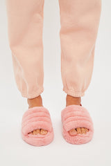 Pink Fluffy Strap Sliders - Naria-Slippers