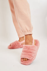 Pink Fluffy Strap Sliders - Naria-Slippers