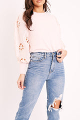 Pink Fluffy Yarn Crochet Mesh Sleeve Jumper - Brigitte-Jumper