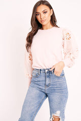 Pink Fluffy Yarn Crochet Mesh Sleeve Jumper - Brigitte-Jumper