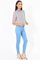 Pink Folk Print Cropped Shirt - Tiff-Shirts