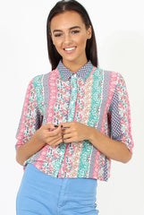 Pink Folk Print Cropped Shirt - Tiff-Shirts