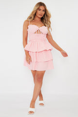 Pink Frill Detail Tiered Cut Out Mini Dress - Daneen-Dresses