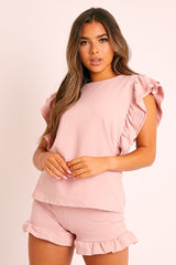 Pink Frill Hem T-shirt Short Loungewear Co-ord - Daleiza-Co-ords