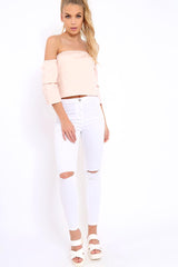 Pink Frill Off Shoulder Tie Crop Top - Halle-Crop Tops