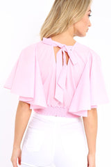Pink Frill Sleeve Crop Top - Siobhan-Crop Tops