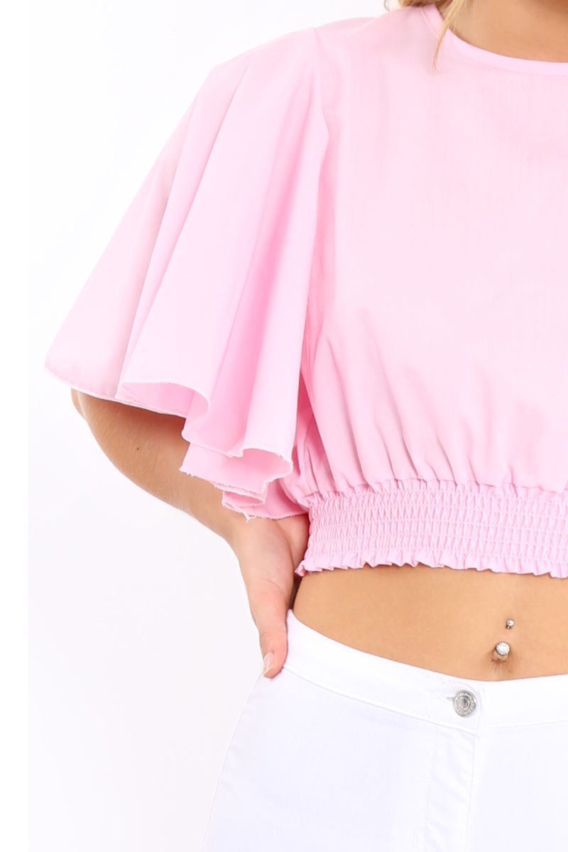 Pink Frill Sleeve Crop Top - Siobhan-Crop Tops