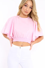 Pink Frill Sleeve Crop Top - Siobhan-Crop Tops