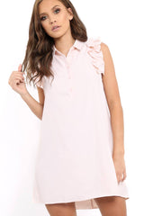 Pink Frill Sleeve Dip Hem Shirt Dress - Camilie-Dresses