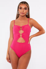 Pink Front Ring Cut Out Ribbed Bodysuit - Ruba-Bodysuits