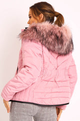Pink Fur Trim Quilted Puffer Coat - Lania-Coats