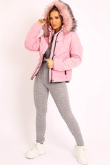 Pink Fur Trim Quilted Puffer Coat - Lania-Coats