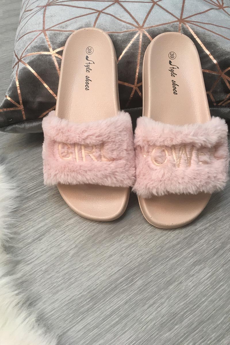 Pink 'GIRL POWER' Fluffy Sliders - Kerly-Sliders