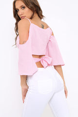 Pink Gingham Cold Shouler Tie Back Crop Top - Leela-Crop Tops