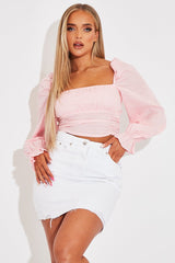 Pink Gingham Square Neckline Crop Top - Amora-Crop Tops