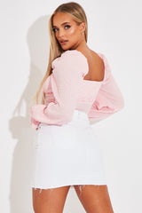 Pink Gingham Square Neckline Crop Top - Amora-Crop Tops