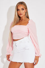Pink Gingham Square Neckline Crop Top - Amora-Crop Tops
