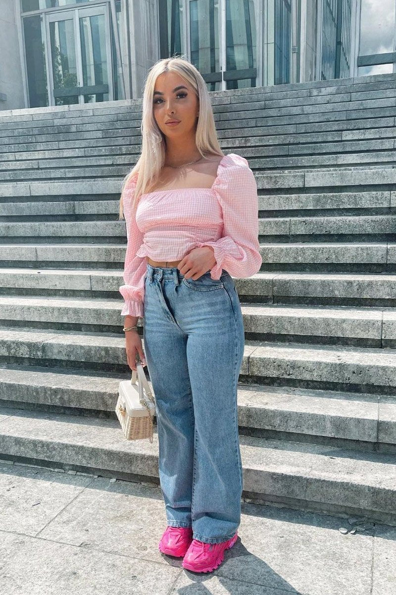 Pink Gingham Square Neckline Crop Top - Amora-Crop Tops