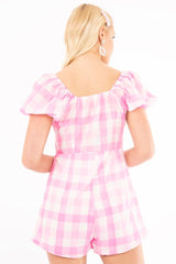 Pink Gingham Tie Front Puff Sleeve Playsuit - Davey-Playsuits