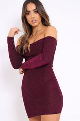Pink Glitter Bardot Bodycon Dress - Everly-Dresses