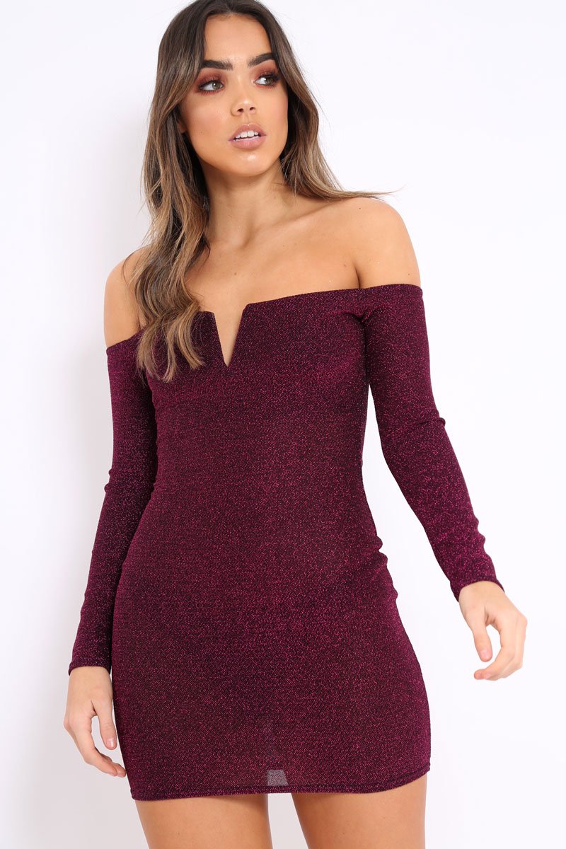 Pink Glitter Bardot Bodycon Dress - Everly Rebellious Fashion Pink Glitter Bardot Bodycon Dress - Everly Rebellious Fashion