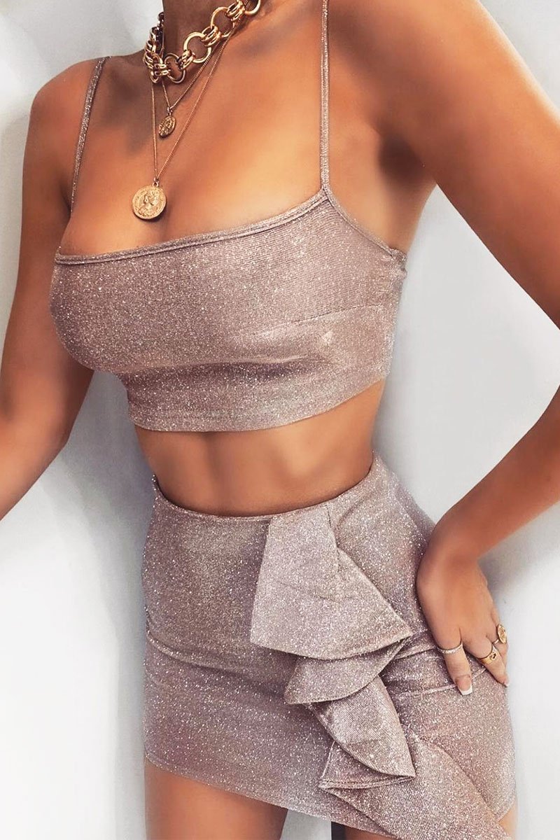 Pink Glitter Crop Top Ruffle Skirt Co-ord - Faith-Co-ords