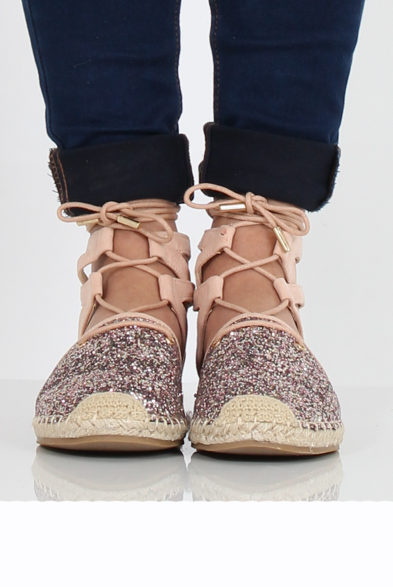 Pink Glitter Lace Up Espadrilles - Bonnie-Shoes