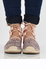 Pink Glitter Lace Up Espadrilles - Bonnie-Shoes