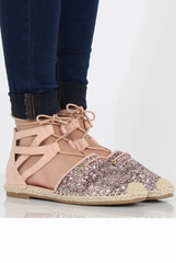 Pink Glitter Lace Up Espadrilles - Bonnie-Shoes