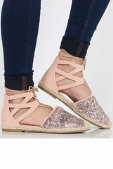 Pink Glitter Lace Up Espadrilles - Bonnie-Shoes