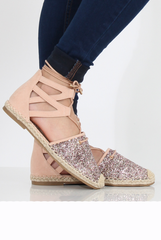 Pink Glitter Lace Up Espadrilles - Bonnie-Shoes